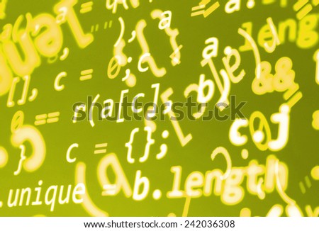 Modern display of data source code. Programming code abstract screen of software developer. Computer script. Green yellow orange color.