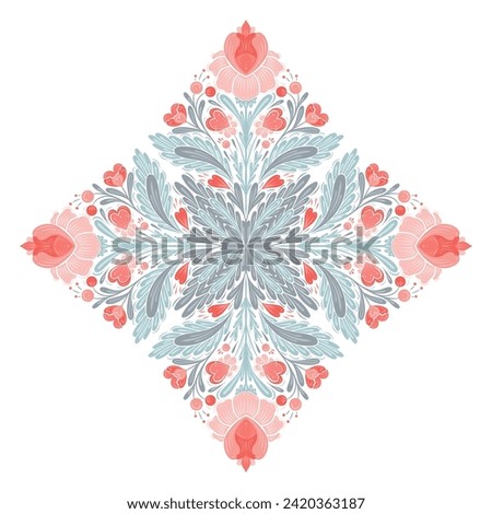Vector gentle floral kaleidoscope illustration for Valentines day. Decorative folk art clip art with geometric symmetrical pink flowers, hearts and stems in pastel colors for cards and your creativity