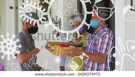 Image of covid 19 icons over man delivering food to senior couple wearing face masks. global covid 19 pandemic, health and medicine concept digitally generated image.