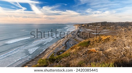 Panoramic Landscape View From Above Scenic Pacific Ocean Coastline.  Guy Fleming Hiking Trail,Torrey Pines Beach, California State Park San Diego USA