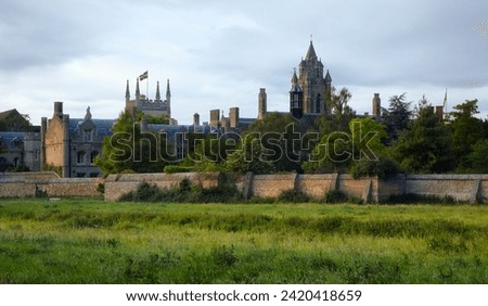 The view of cityline of Cambridge with square tower of Pitt building and Emmanuel United Reformed Church. Cambridgeshire. United Kingdom Royalty-Free Stock Photo #2420418659