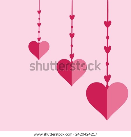 Red heart icon set. Happy Valentines day sign symbol simple template. Hanging dash line, bow. Cute graphic object. Flat design style. Love greeting card. Isolated. pink  background  3 2 1