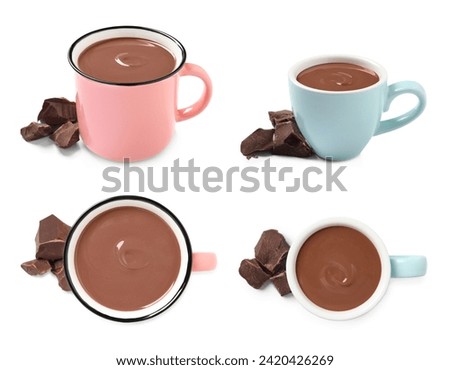 Delicious hot chocolate in cups isolated on white, top and side views