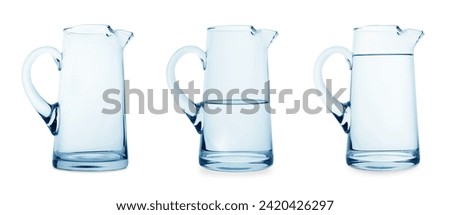 Glass jug isolated on white, collage with empty, semi filled and full