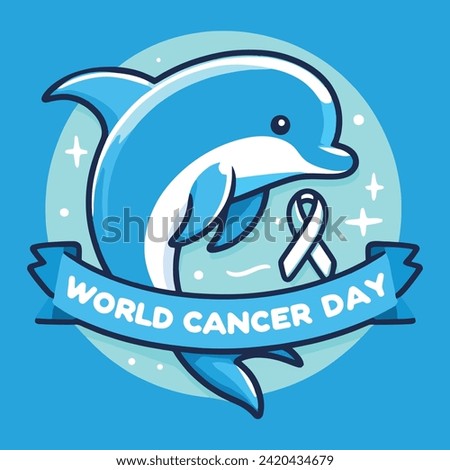 World Cancer Day banner with dolphin and ribbon on blue background. Vector illustration.
