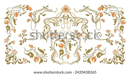 Art Nouveau floral frames, corners, and borders. Vector.