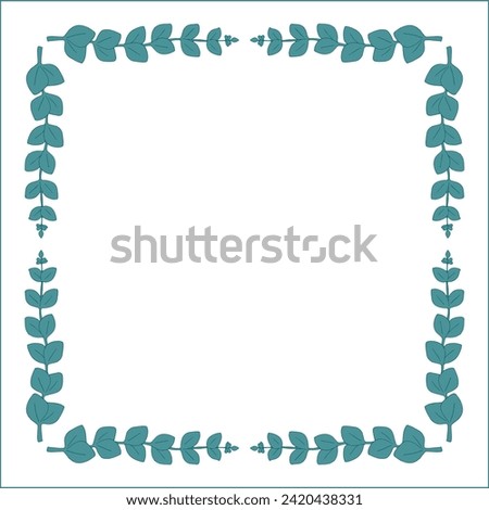 Green vegetal ornamental frame with eucalyptus leaves, decorative border, corners for greeting cards, banners, business cards, invitations, menus. Isolated vector illustration.	