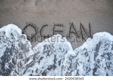 The inscription "Ocean" on the sand. A wave of the sea or ocean during the surf. The concept of relaxation, beach and summer