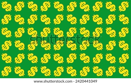 Bunch of gold dollar signs arranged on green forming a seamless pattern.