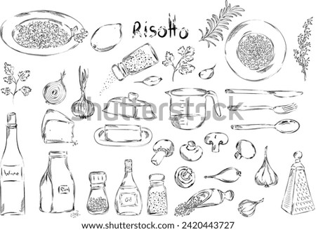 Graphic risotto hand drawn vector illustration. Ingredients for Italian restaurant or mediterranean food. Spaghetti and ravioli  food elements clip art. Delicious Italian appetizer 
