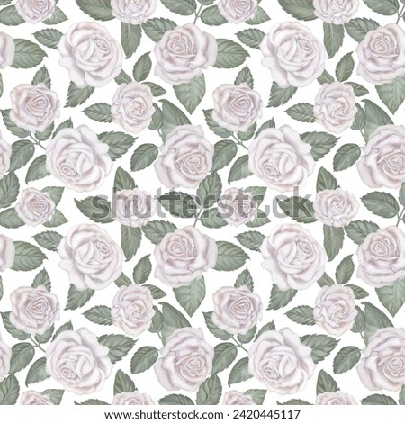 Watercolor seamless patterns with white roses, green leaves in a pastel palette in vintage style for wedding, birthday, Valentine's Day, Women's Day, Mother's Day, template, scrapbooking, wallpapers.