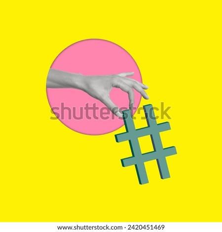 Contemporary art collage of hand holding hashtag sign. Concept social network monitoring and media. Modern design. Copy space.

