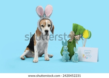 Cute Beagle dog in bunny ears with Easter rabbits, gift egg and card on blue background