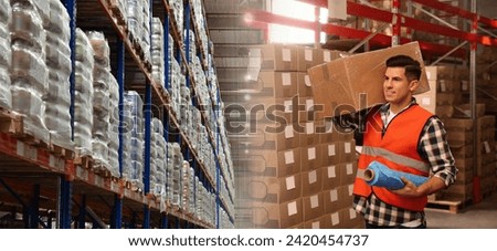 Distribution. Worker with cardboard box and roil of stretch film in warehouse, double exposure. Banner design
