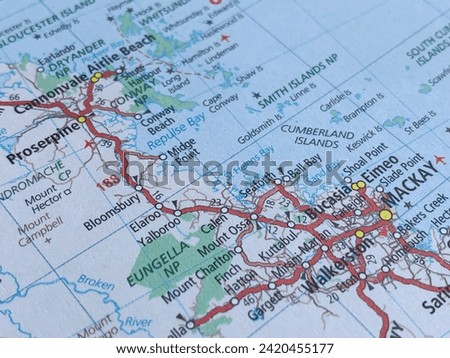 Map of the coast between Mackay and Airlie Beach, Queensland, Australia, travel destination