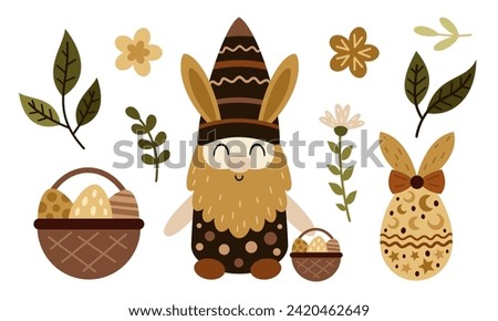 Boho Easter clipart with easter gnome, easter egg, plants in cartoon flat style. Perfect for scrapbooking, stickers, tags, greeting cards, party invitations, decor. Vector illustration.