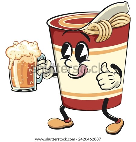 vector isolated clip art illustration of cute instant noodles cup mascot raising a large beer glass while giving a thumbs up, work of handmade