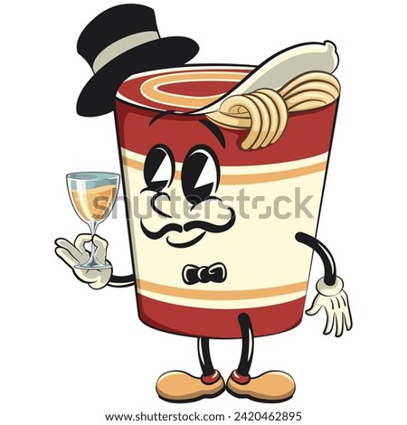 vector isolated clip art illustration of cute instant noodles cup mascot in a hat and bow tie raising a wine glass, work of handmade