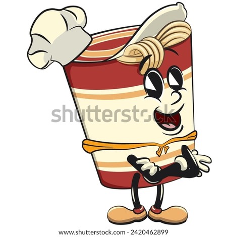vector isolated clip art illustration of cute instant noodles cup mascot wearing a chef's hat and wearing a red scarf, work of handmade