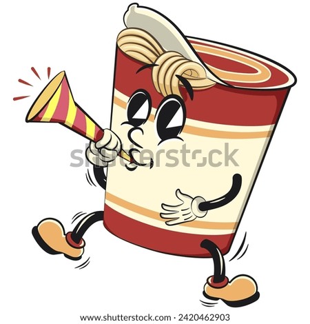 vector isolated clip art illustration of cute instant noodles cup mascot blowing party trumpet, work of handmade