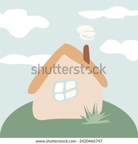 Cartoon House against the sky and other elements of the environment. Mansion Vector illustration. House exterior front view in trendy flat style. Townhouse building. Window and Chimney on Home facade.