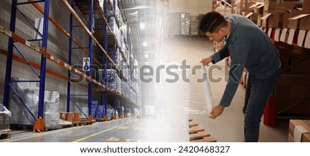 Distribution. Worker wrapping boxes in stretch film at warehouse, double exposure. Banner design