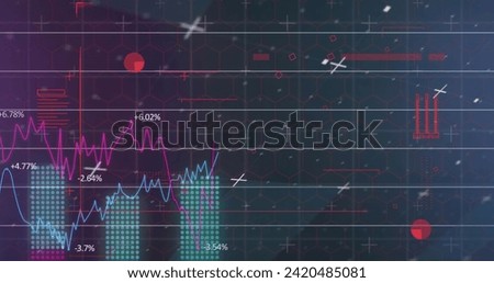 Image of lines and statistics processing on network of hexagons and grid background. Digital interface global connection and communication concept digitally generated image.
