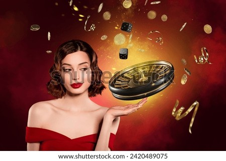 Artwork collage of lovely elegant lady hand hold roulette wheel spin become casino winner dice cube tokens Royalty-Free Stock Photo #2420489075