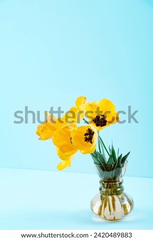 A bouquet of yellow tulips in vintage glass vase on blue background. Business card. Invitation postcard. Mockup design. International holiday. Hello spring. 8 march. A vertical photo with copy space.