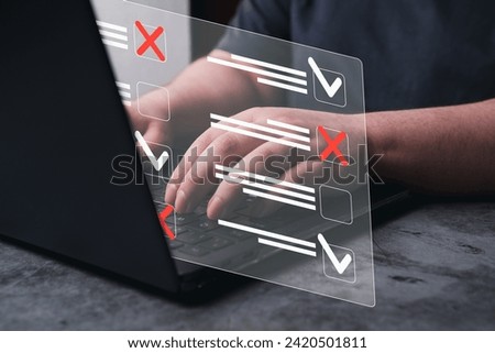 Woman use laptop with hologram interface of document management system. DMS. Checklist and clipboard task management. Productivity checklist and filling survey form online.