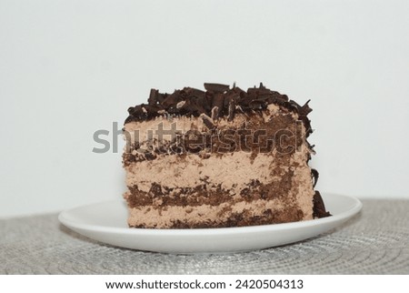 A slice of decadent cake adorns a pristine white plate, tempting with layers of indulgence. The velvety frosting, meticulously adorned, whispers promises of sweet bliss. Royalty-Free Stock Photo #2420504313