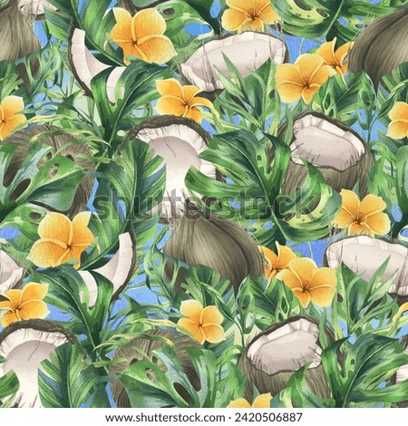 Coconuts whole, halves and pieces with bright, green, tropical palm leaves and yellow plumeria flowers. Hand drawn watercolor illustration. Seamless pattern on a blue sky background