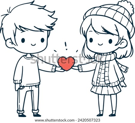 Two lovers both him and her clutching a heart in their hands depicted in a straightforward vector drawing cartoon style