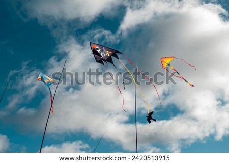 Colorful kites flying in blue sky.