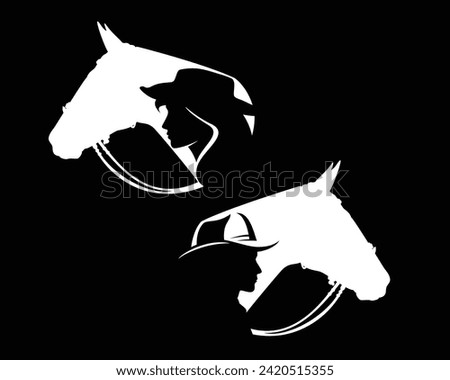 beautiful cowgirl with long hair and cowboy man wearing hat and horse head black and white vector silhouette design set