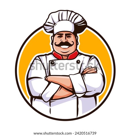 Master Chef, icon or logo for restaurants Cheerful chef in cook hat. Cooking, food concept. Cartoon vector illustration Royalty-Free Stock Photo #2420516739