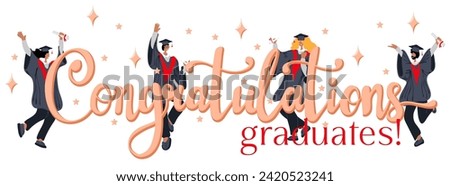 Сongratulations graduates. Handwritten text with dancing graduates holding scrolls of diploma. Template for design party high school or college, graduate invitations or banner. Vector illustration