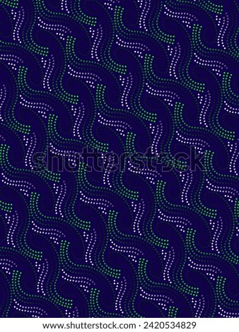 A hand drawing pattern made of white and green dots on a marine blue background