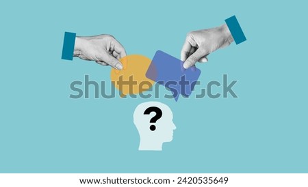True or false. Head with sign of question is looking two big arms hold Dialogue Bubbles. Different thinking. Royalty-Free Stock Photo #2420535649