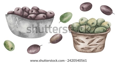 Watercolor set of illustrations. Hand painted pitted black and green olives in grey and brown bowls. Food in dishes. Meal in plates. Kitchen wooden and porcelain utensils, pottery. Isolated clip art