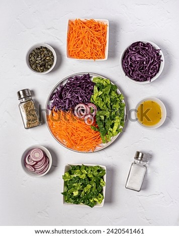 Food photography of vegetable; vegan; salad, sliced, romaine, lettuce, carrot, red cabbage, onion, pumpkin, seed, sauce, salt, seasoning, ingredient