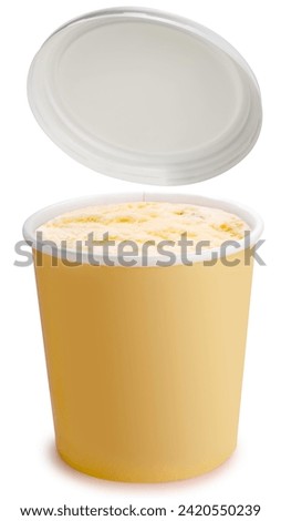 Vanilla Ice Cream in paper bucket isolated on white background, Vanilla Ice Cream on white With clipping path.