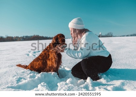 Christmas Day Happy young pink hair woman in warm clothes hugs her Irish setter dog in snowy winter forest outdoor at sunset. High quality FullHD footage Royalty-Free Stock Photo #2420551595