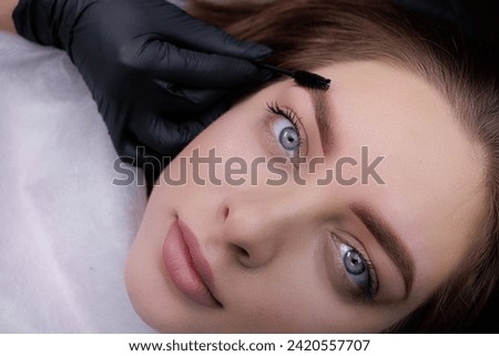 Macro photo of girl's eyebrows after permanent eyebrow makeup procedure. PMU Procedure, Permanent Eyebrow Makeup.