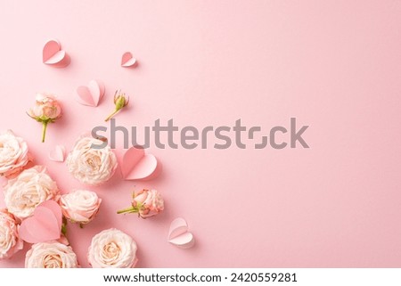 Glamorous Birthday Wishes for your Stylish Sweetheart. A chic top view image of soft roses and hearts on a soft pink backdrop, creating a perfect space for your heartfelt message