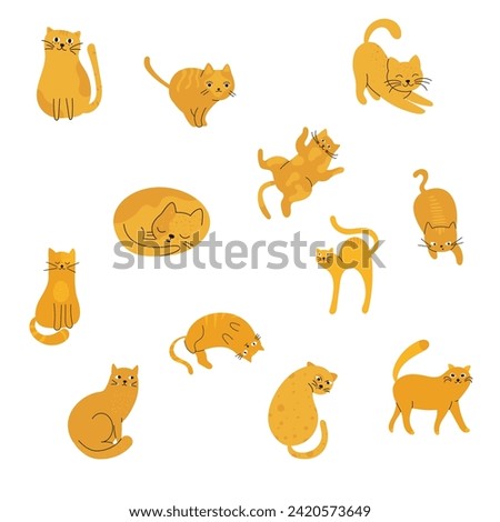 Red cats with different poses and emotions. Cats in a simple cute style, isolated vector illustration. A set of illustrations in a minimalistic style. Red cats of different shapes.
