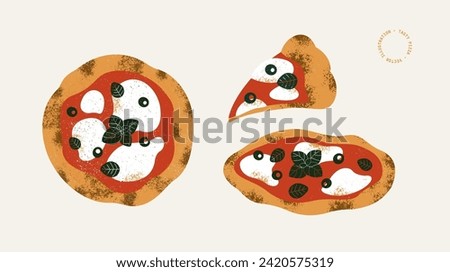 Italian pizza collection. Pizza Margherita with tomatoes and mozzarella. Vector illustration.