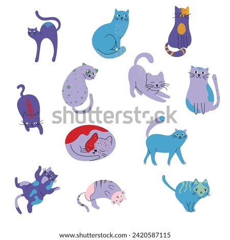 Colored cats with different poses and emotions. Cats in simple cute style, isolated vector illustration. A set of illustrations in a minimalistic style. Blue cats of different shapes. Cute colored cat