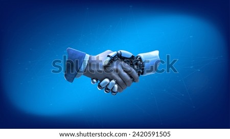 Male hand shaking 3D model of robotic hand over blue background. Conceptual design. Cooperation of humans and artificial intelligence. Concept of business, innovation, technology