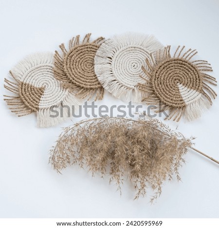 Four uniquely patterned macramé coasters arranged in a semi-circle, crafted from knotted jute and cotton cord. Beneath, a blooming reed adds a natural touch. All set on a white background Royalty-Free Stock Photo #2420595969